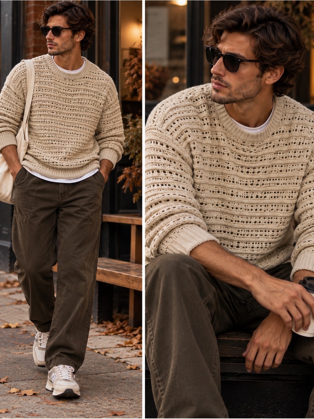 Zara Men’s Open Knit Crewneck Sweater Stone Beige Boxy Fit Sizes S-M and L-XL